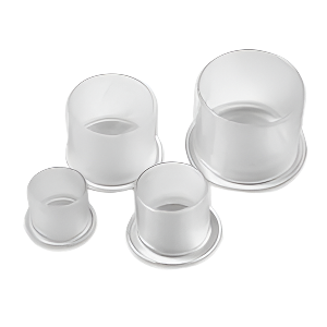 Set of four clear plastic cups on a white background