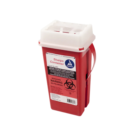 A red hazardous waste container labeled 'Sharps Container' with a white lid, biohazard warning sign, and a handle for easy disposal.