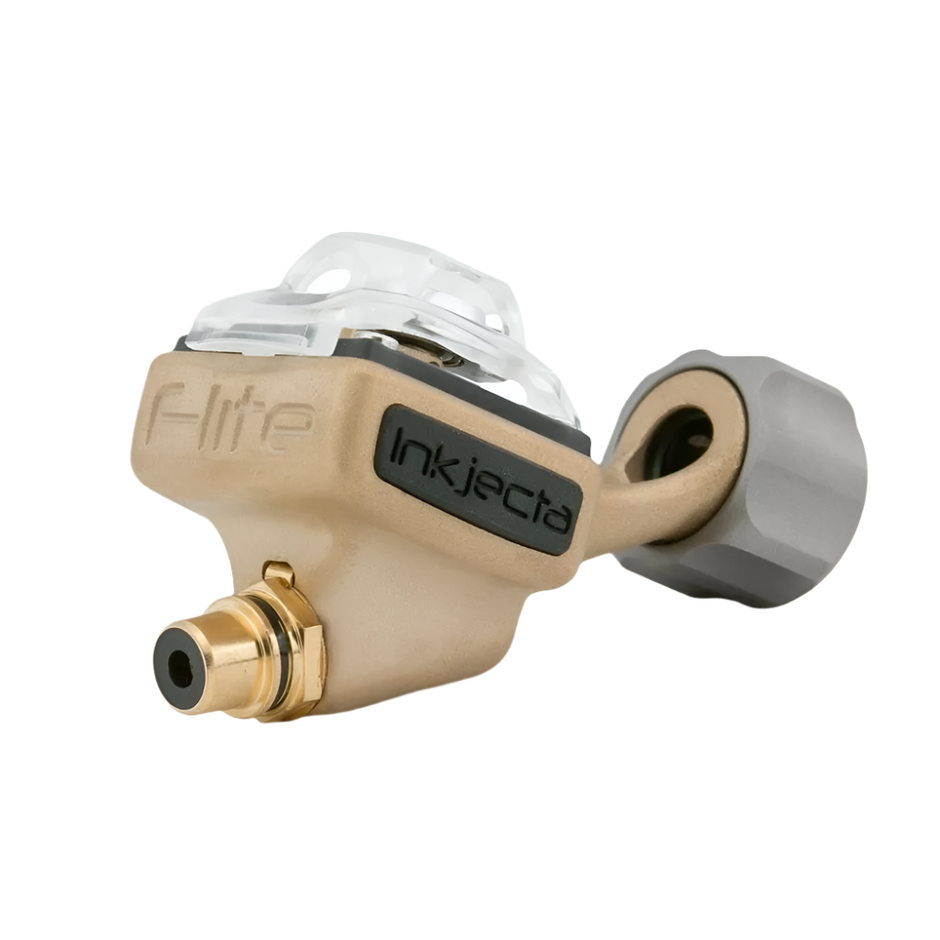 An InkJecta Flite Nano Elite Rotary Tattoo Machine in color Blast Brass with a billet alloy construction.