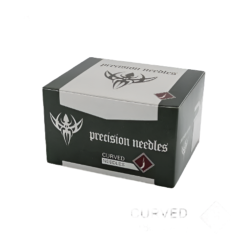 Box of 18g curved body piercing needles from Precision Needles brand,