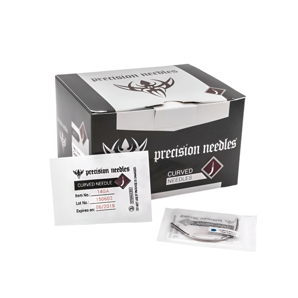 A box of precision curved piercing needles with a curved needle in a sterilized pouch in front