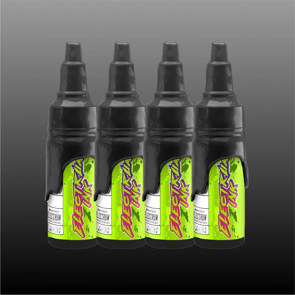 A set of 4 bottles of Electrum Tattoo Ink in varying shades of gray, labeled with percentage levels indicating light, medium, dark, and darkest shades.