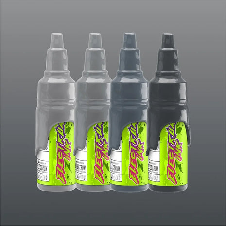 A set of four Electrum tattoo ink bottles in opaque colors, labeled Opaque 1, Opaque 2, Opaque 3, and Opaque 4, against a gray background.