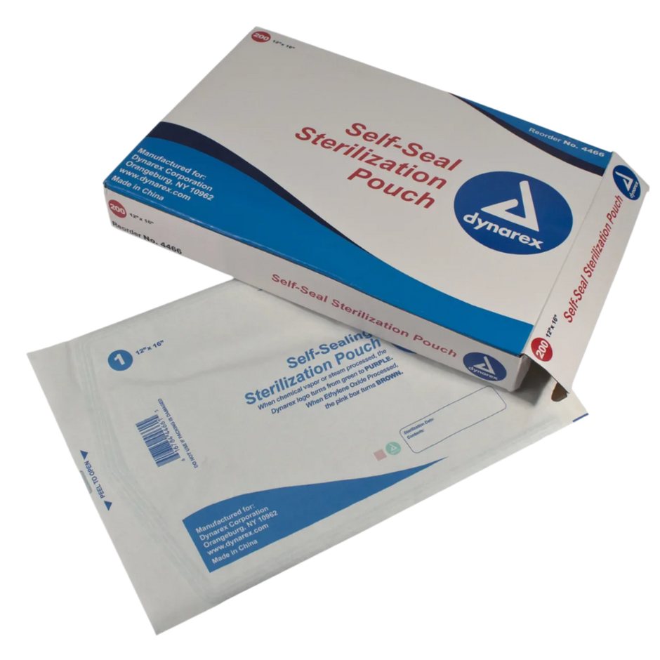 A box of Dynarex self-sealing sterilization pouches with a blue-tinted transparent cover, indicating the size and product information.