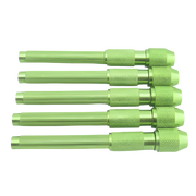 Five green metal tools arranged on a white background