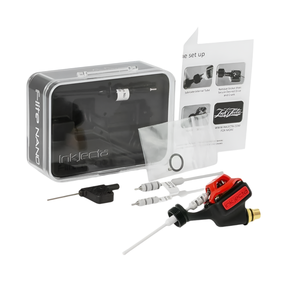 InkJecta Flite Nano Elite Rotary Tattoo Machine in red and black color  and case and accessories