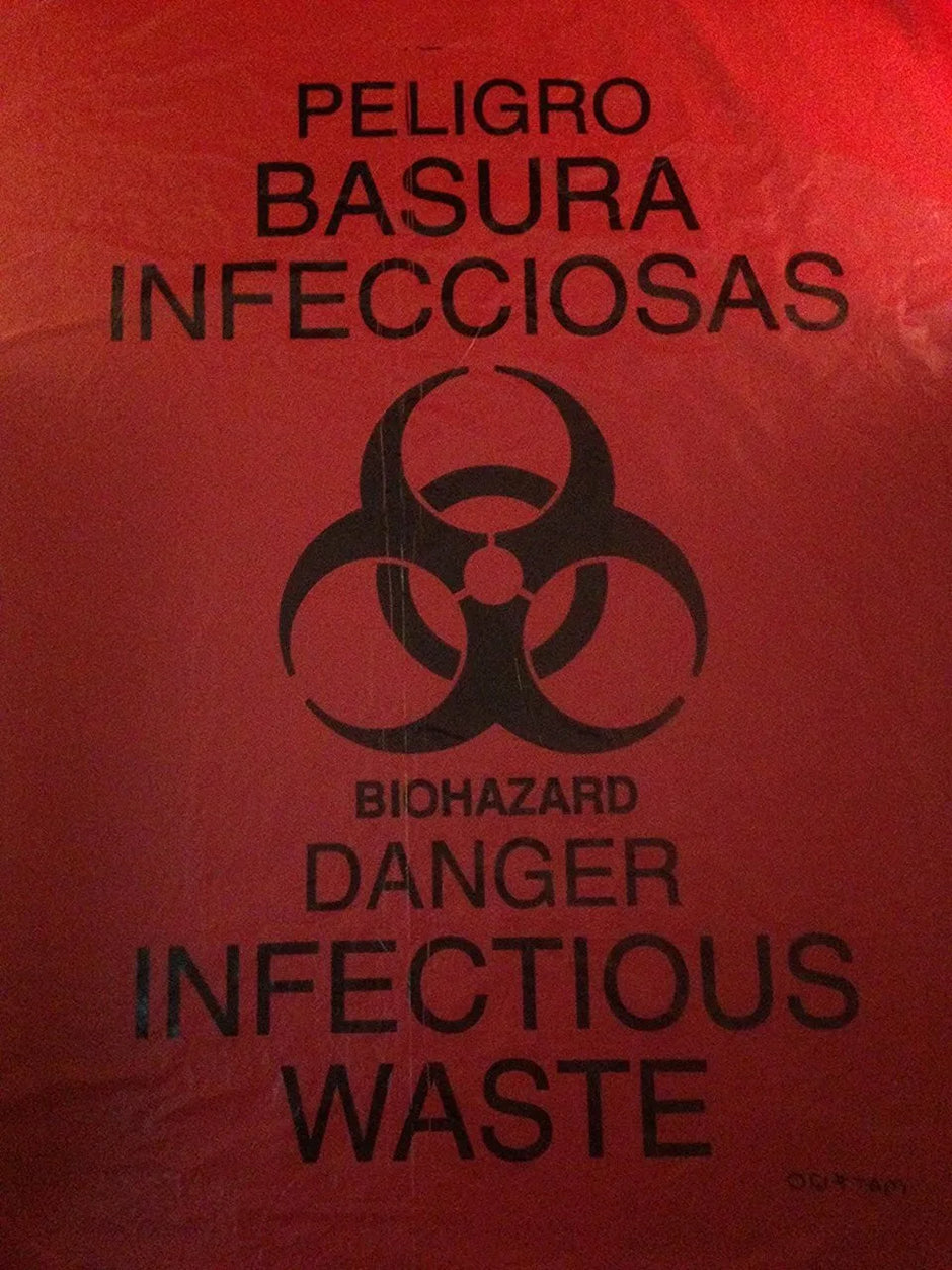 A close up of a hazardous waste bag - its used to dispose of blood borne pathogens and cross contamination