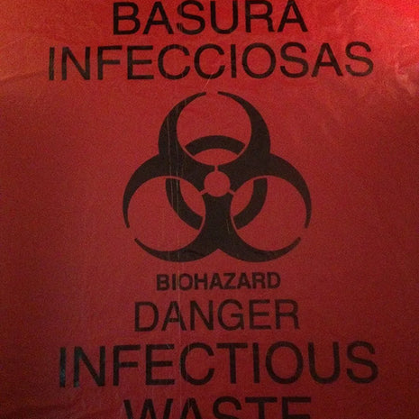 A close up of a hazardous waste bag - its used to dispose of blood borne pathogens and cross contamination