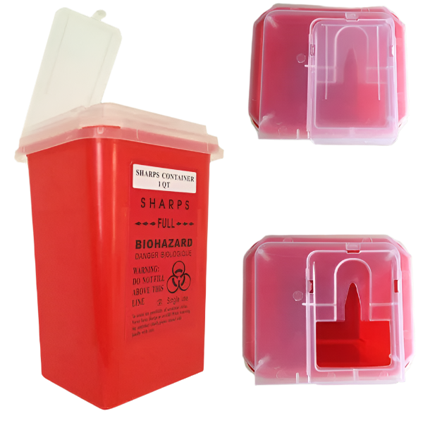 Red sharps container with biohazard warning on a green background
