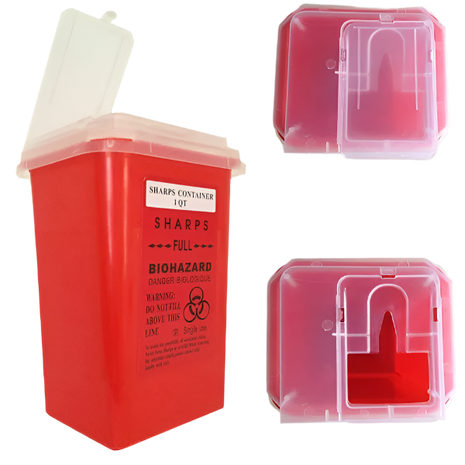 Red sharps container with biohazard warning on a green background