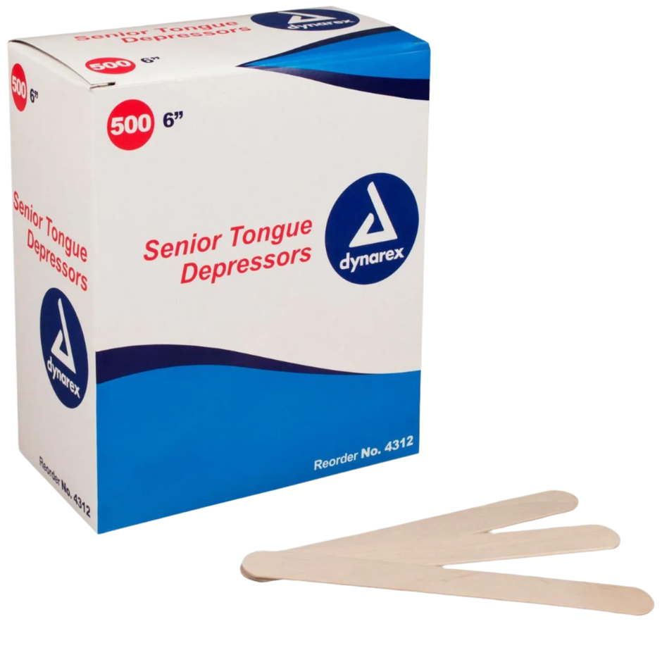 Box of Dynarex senior tongue depressors with three depressors in front.