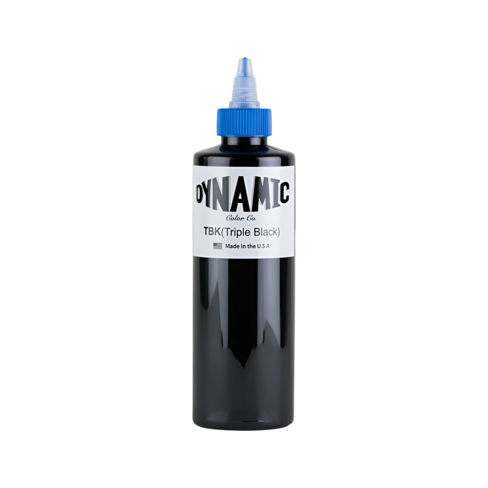 8oz bottle of Dynamic Black Tattoo Ink with blue cap