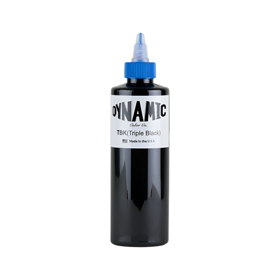 8oz bottle of Dynamic Black Tattoo Ink with blue cap