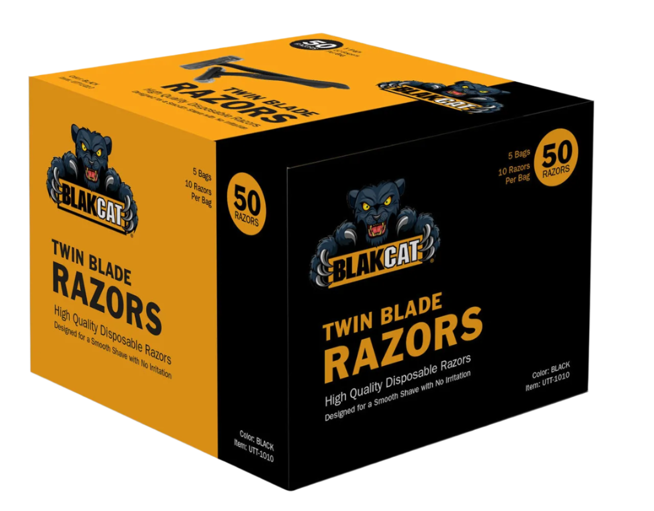 Blakcat Twin Blade Razors boxed quantity 50 units per box used  for hair removal prior to tattoing