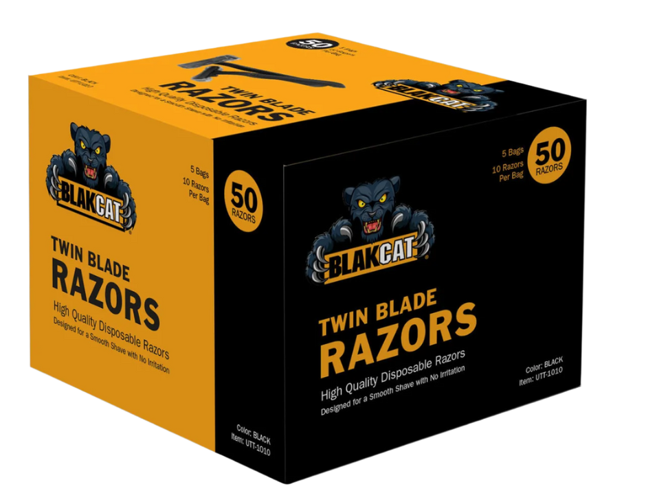 Blakcat Twin Blade Razors boxed quantity 50 units per box used  for hair removal prior to tattoing