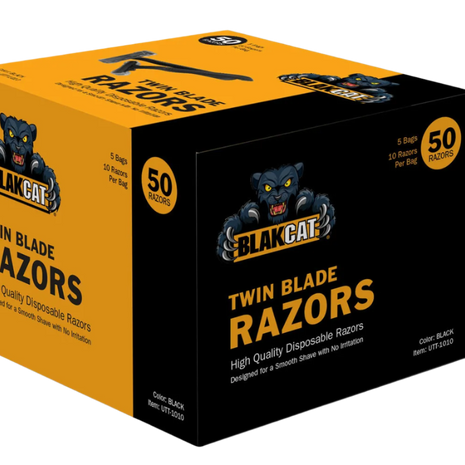 Blakcat Twin Blade Razors boxed quantity 50 units per box used  for hair removal prior to tattoing