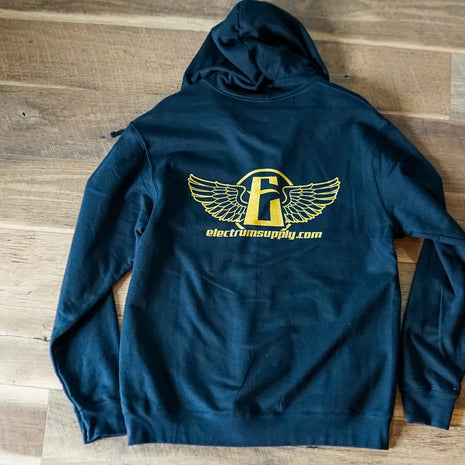 A blue zip-up hoodie with a gold shimmering ink design on the back, featuring a tattoo supply company logo.