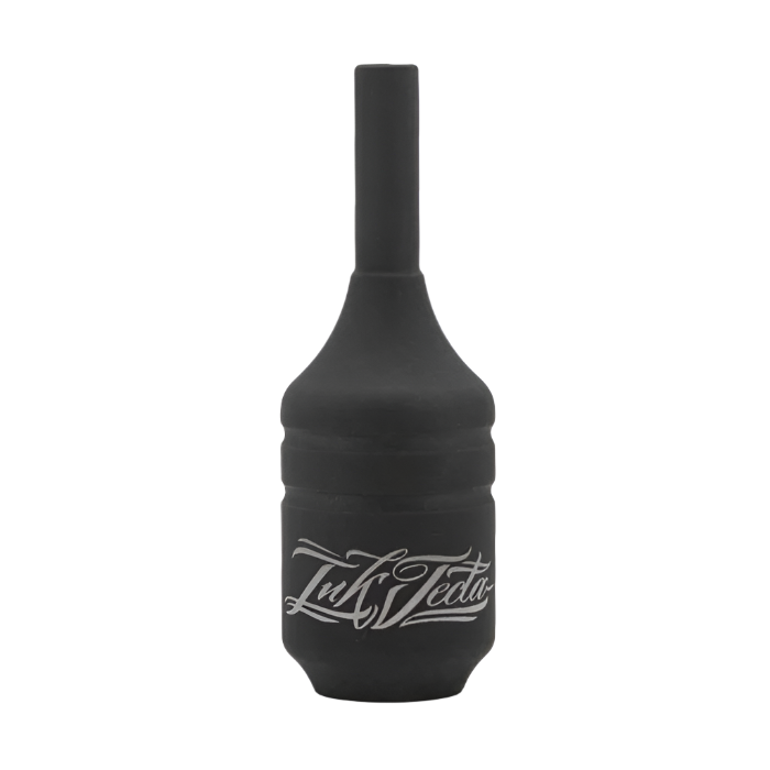 A black stainless steel tattoo machine grip with the brand 'Inkjecta' written on it.