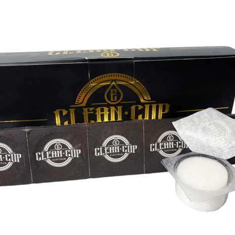 A box of 20 Electrum Clean Cups, with individual cups displayed in front of the box. The cups are white, and the box is black with the product name and logo in gold.