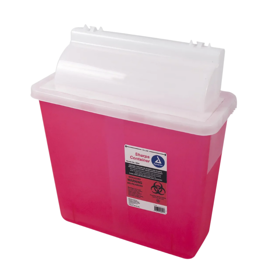 Pink sharps container with a clear lid on a white background