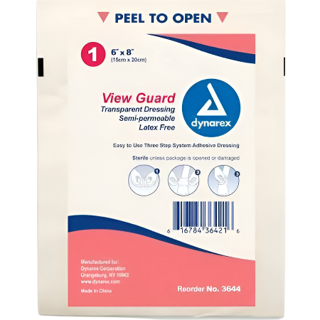 Dynarex View Guard transparent dressing package with peel to open label.