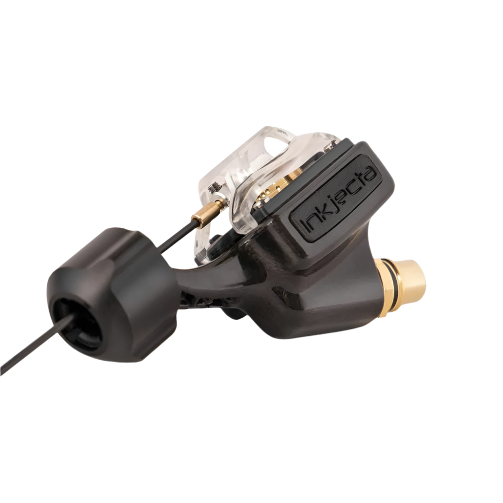 An InkJecta Flite Nano Ultra Lite rotary tattoo machine in black color with visible brand name and parts.