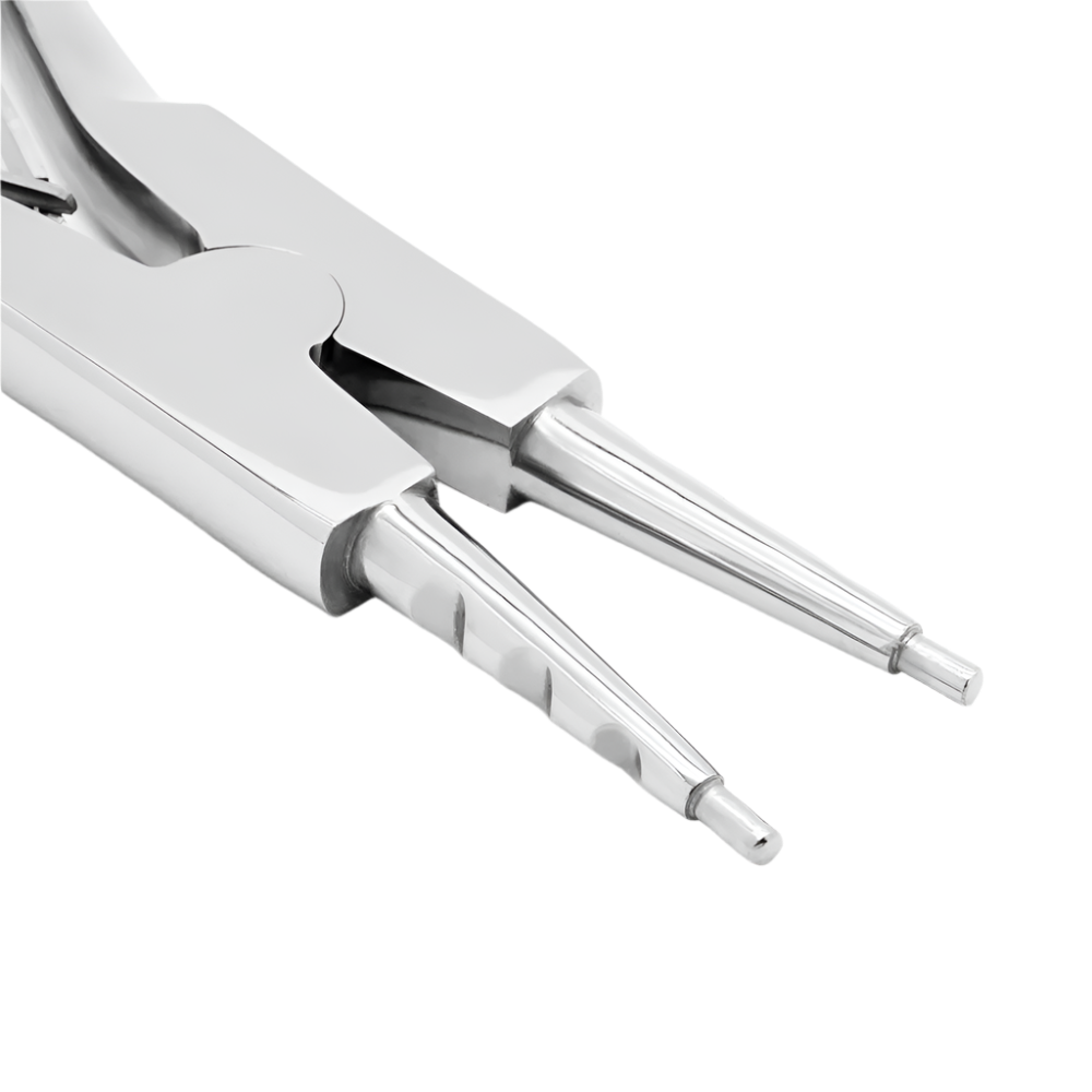 Close-up of a pair of 7 inch large ring opening pliers with 3 notches and needle nose.