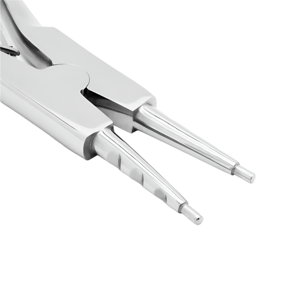 Close-up of a pair of 7 inch large ring opening pliers with 3 notches and needle nose.