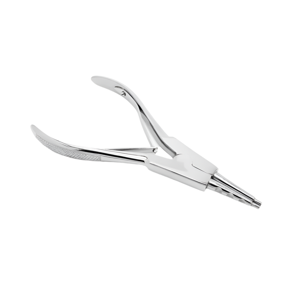 A pair of ring opener pliers used to open jewelry in body piercing