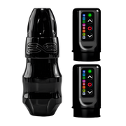 A black modular tattoo machine labeled EXO with detachable PowerBolt battery pack and a traditional power supply RCA module. The product is displayed alongside its components and a mobile app interface.