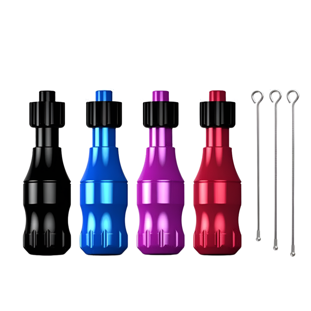 Four  tattoo grip sleeves in black, red, purple, and blue colors with three drive bars, against a white background.