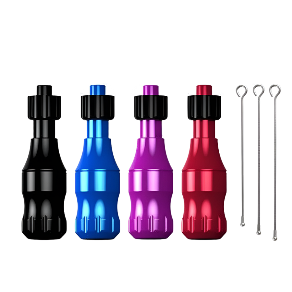Four  tattoo grip sleeves in black, red, purple, and blue colors with three drive bars, against a white background.