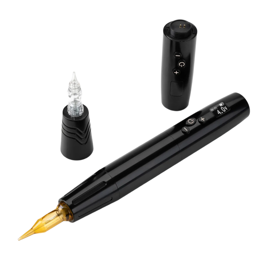 black tattoo pen with digital display with tip and battery