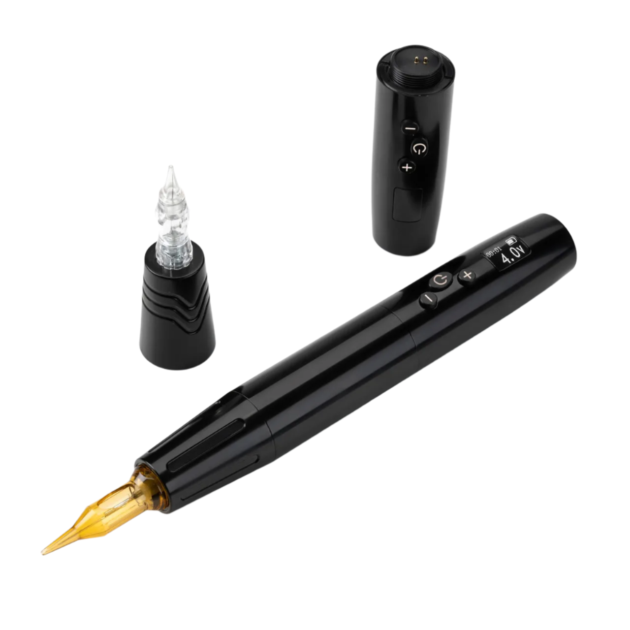 black tattoo pen with digital display with tip and battery