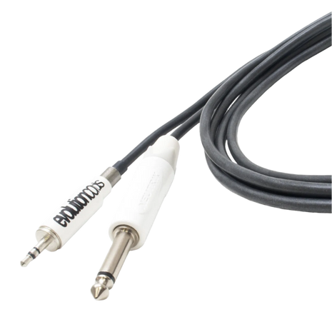 A close-up of a black tattoo cord with a mini jack on one end and a 1/4" jack on the other, both with the brand name 'EVOLUTION' printed on them.
