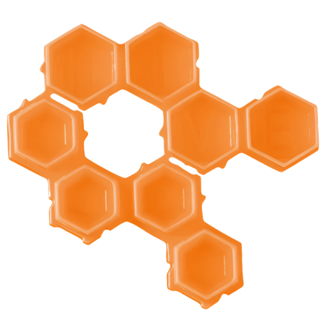 A series of colorful, hive-shaped ink caps in various sizes with ink splatters around, indicating the product is used for tattooing.