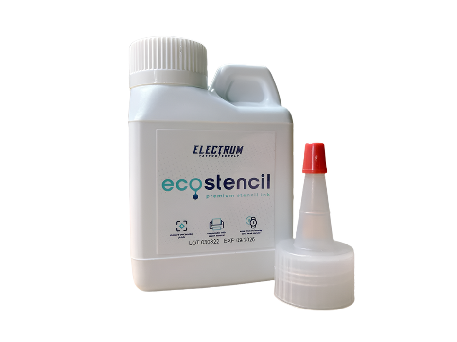 A bottle of Electrum ECO STENCIL Printer Ink  to be used in an epson ecotank printer for printing tattoo stencils