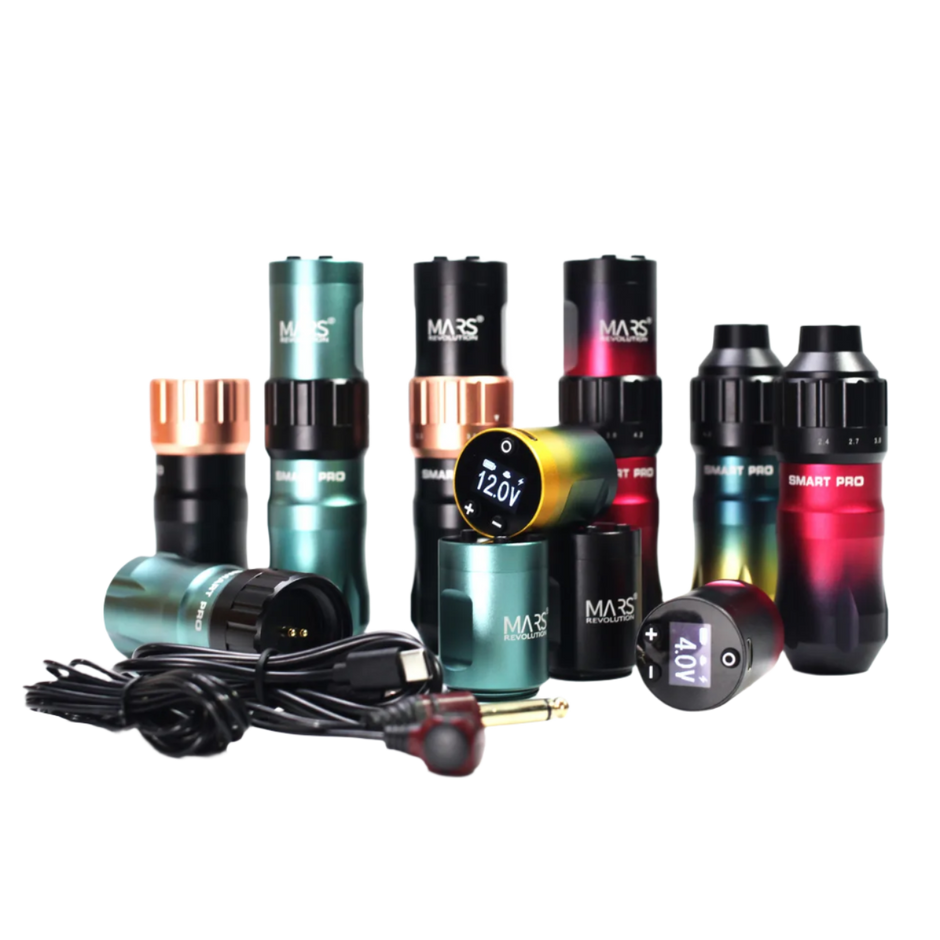 Collection of tattoo machines with various colors and accesories