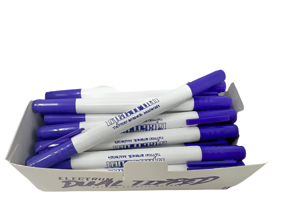 A box of Electrum dual tipped tattoo stencil markers with violet marking ink.