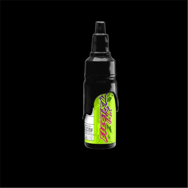 A bottle of Electrum Ink - Interstellar Black Mixing Ink on a black background.