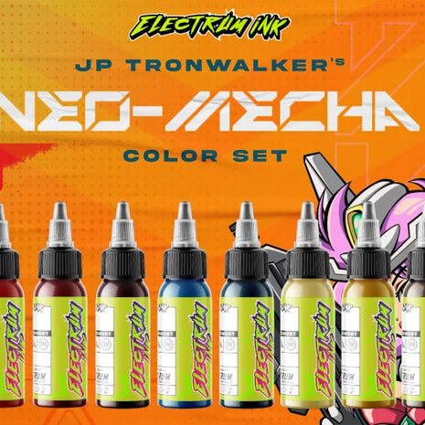 A set of Electrum tattoo inks in various colors, labeled with JP Tronwalker's Neomecha color names such as RX Red, Zaku Light, and Astray Gold Dark, displayed in front of a graphic background featuring a character and text.