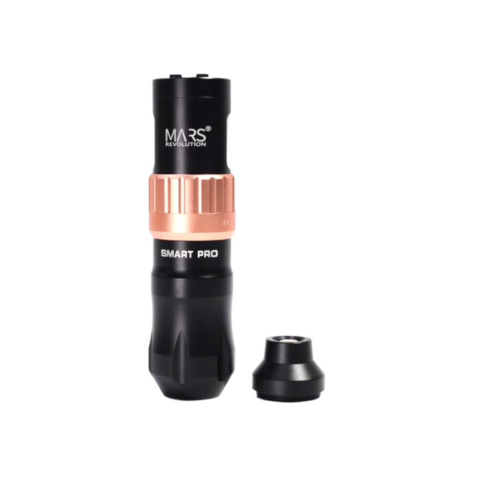 Black and rose gold tattoo machine with 'MARS' branding