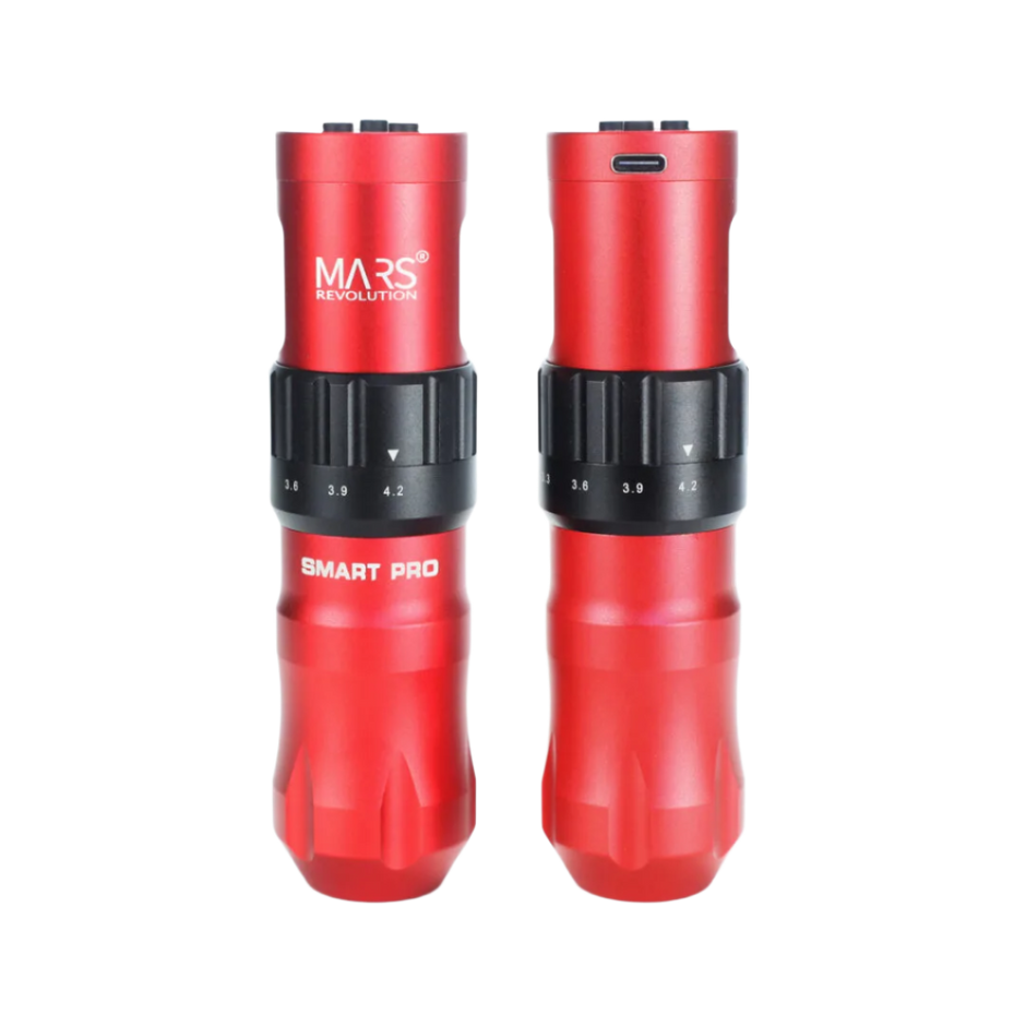 A collection of MARS Smart Pro Wireless Tattoo Machines with different color accents, showcasing the machines from various angles and with cables.