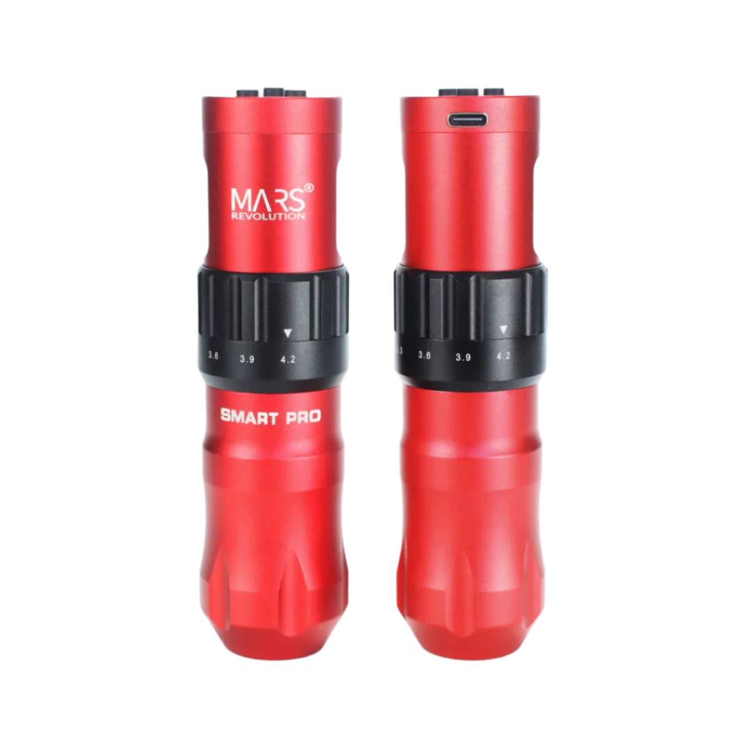 A collection of MARS Smart Pro Wireless Tattoo Machines with different color accents, showcasing the machines from various angles and with cables.