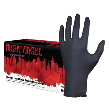 Black nitrile examination glove next to a box labeled 'Night Angel' on a white background