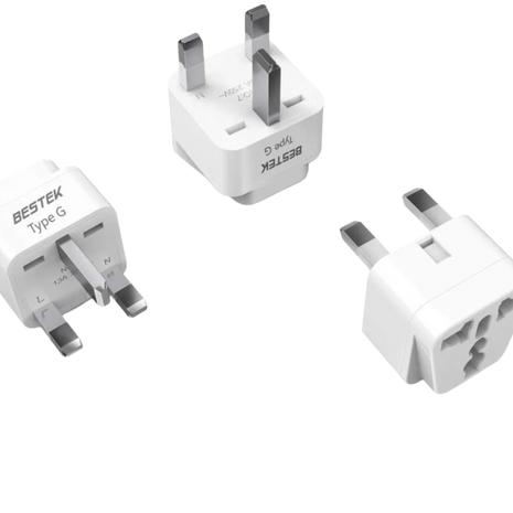 Three white travel adapters with 'BESTEK' branding on a white background