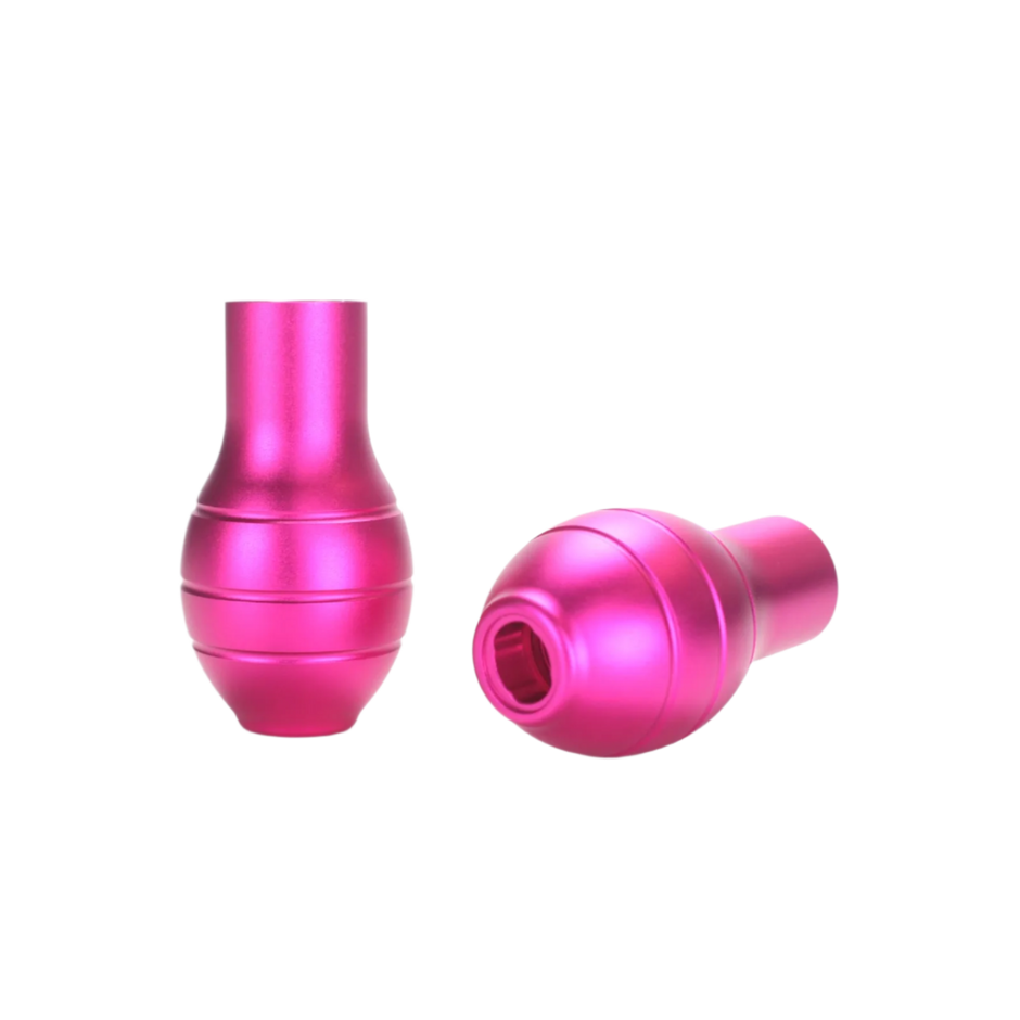 Ergon pen grip in neon pink from various angles