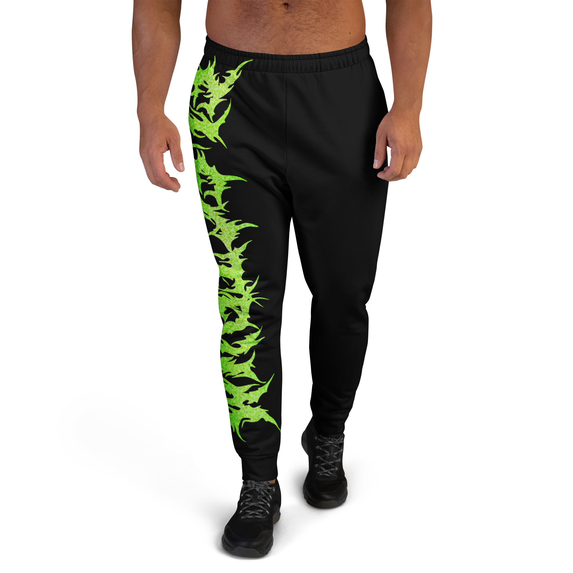 Black jogger pants with green and black pattern oversized green lettering electrum