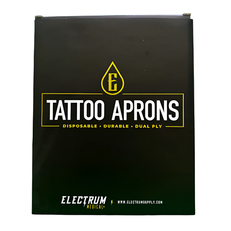 A black box packaging for Electrum disposable tattoo aprons with the brand logo and product information printed on the front.