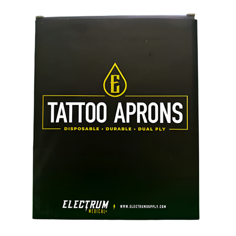 A black box packaging for Electrum disposable tattoo aprons with the brand logo and product information printed on the front.